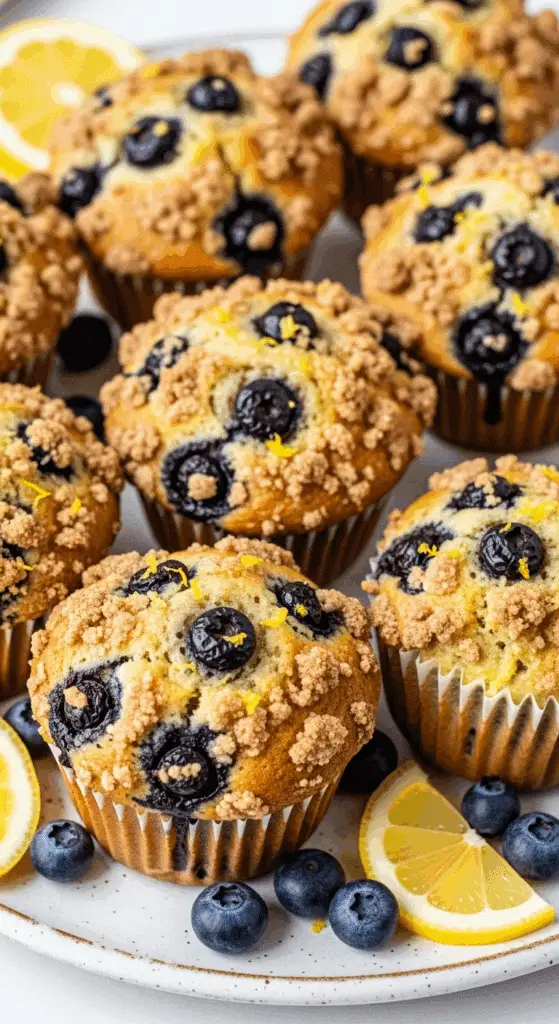 Cottage cheese blueberry muffins with streusel topping and fresh blueberries showing moist interior