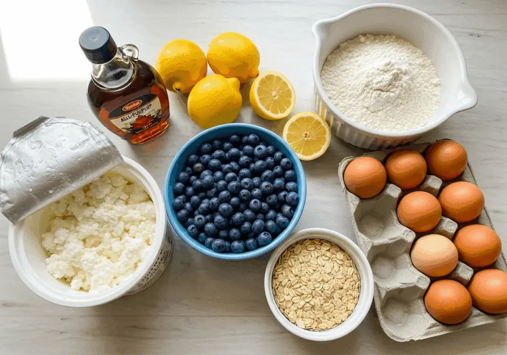 Cottage cheese blueberry muffin ingredients including cottage cheese, blueberries, and lemon