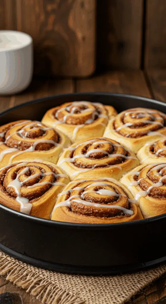 Cottage cheese cinnamon rolls with glaze in baking pan showing golden spiral texture