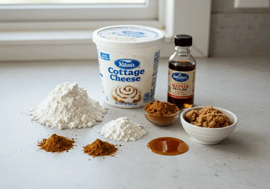 Cottage cheese cinnamon roll ingredients including cottage cheese, flour, and cinnamon