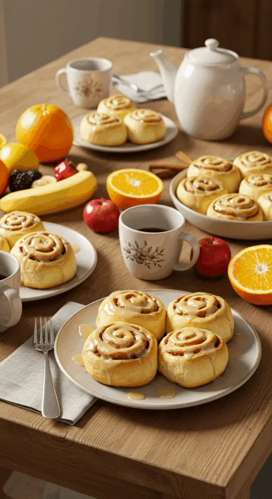 Cottage cheese cinnamon rolls served for healthy breakfast with fresh fruit