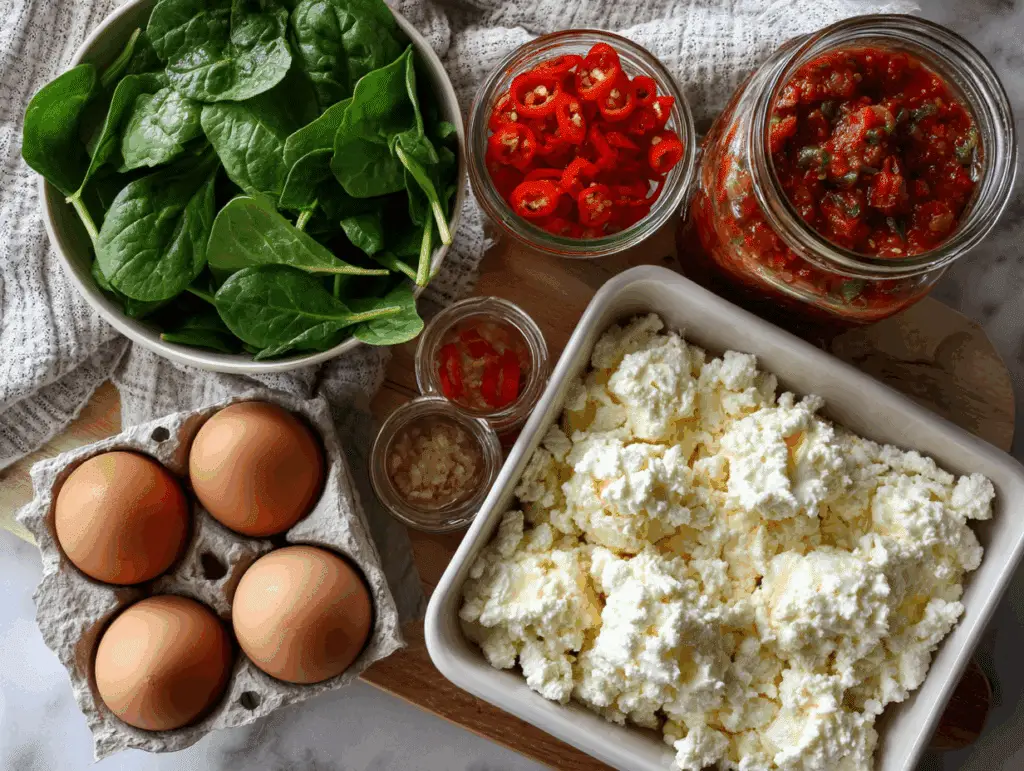 Cottage cheese egg bite ingredients including eggs, cottage cheese, and fresh vegetables