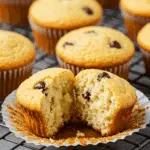 Cottage cheese muffins with chocolate chips on cooling rack showing moist interior