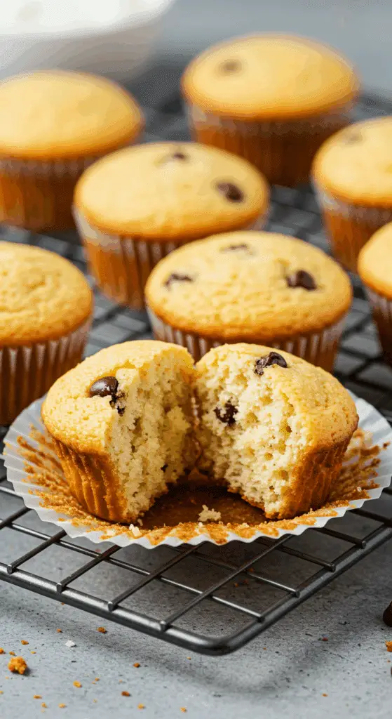 Cottage cheese muffins with chocolate chips on cooling rack showing moist interior