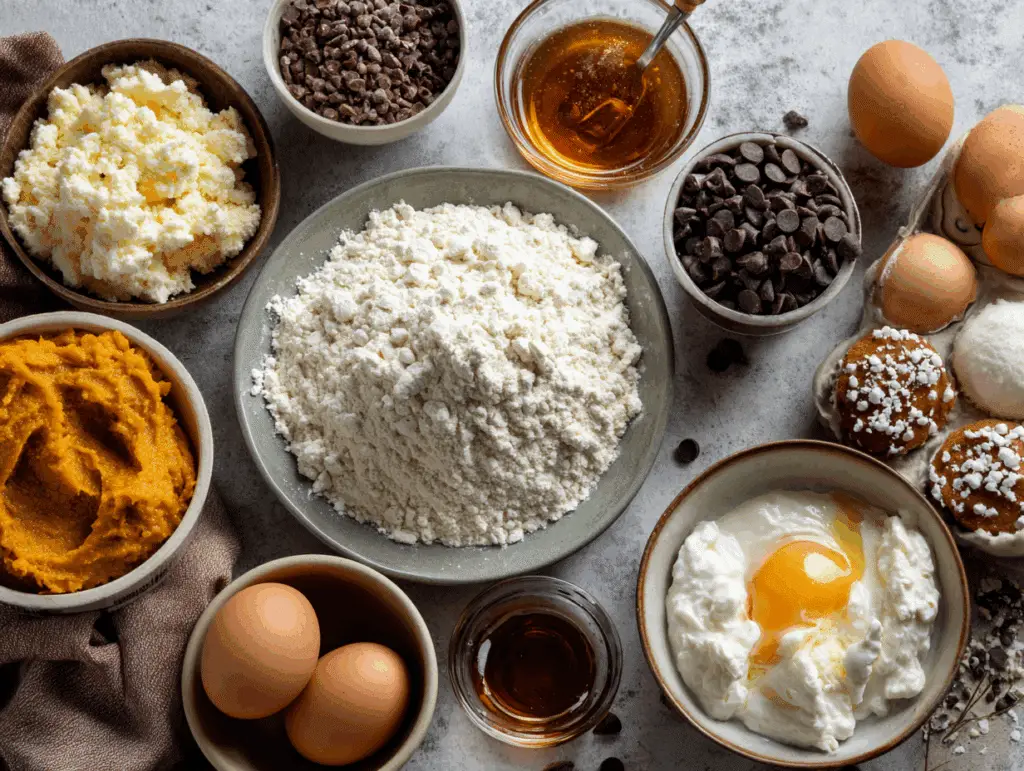 Cottage cheese muffin ingredients including cottage cheese, eggs, and chocolate chips