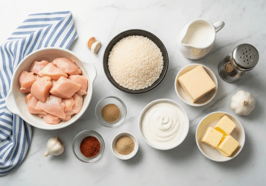 Creamy smothered chicken and rice ingredients including chicken, cream, and seasonings