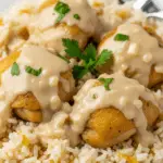 Creamy smothered chicken and rice with golden chicken in rich sauce over white rice