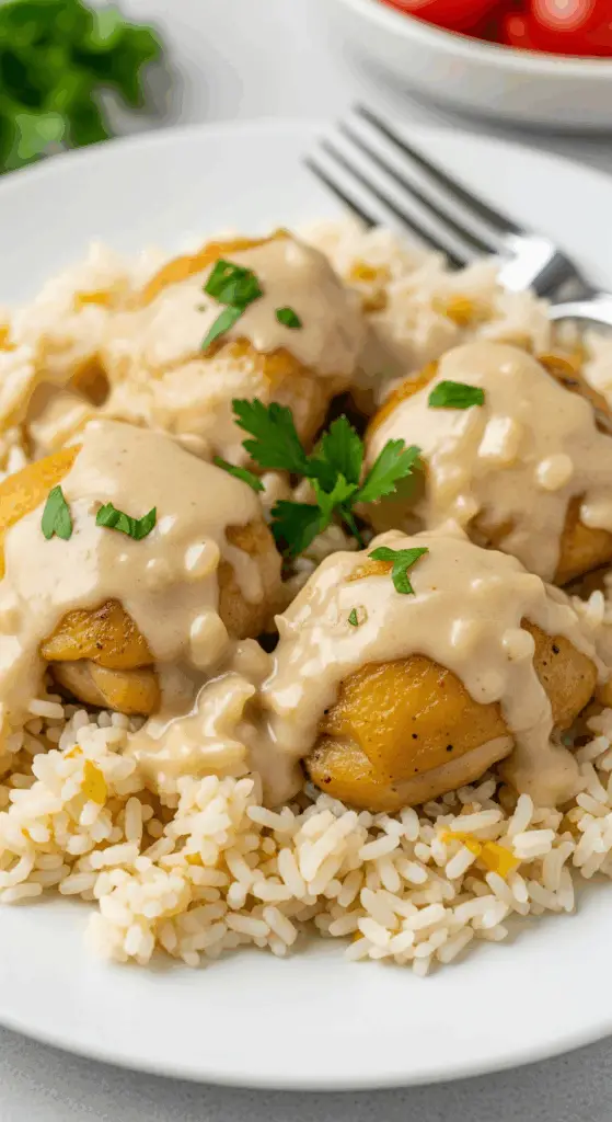 Creamy smothered chicken and rice with golden chicken in rich sauce over white rice