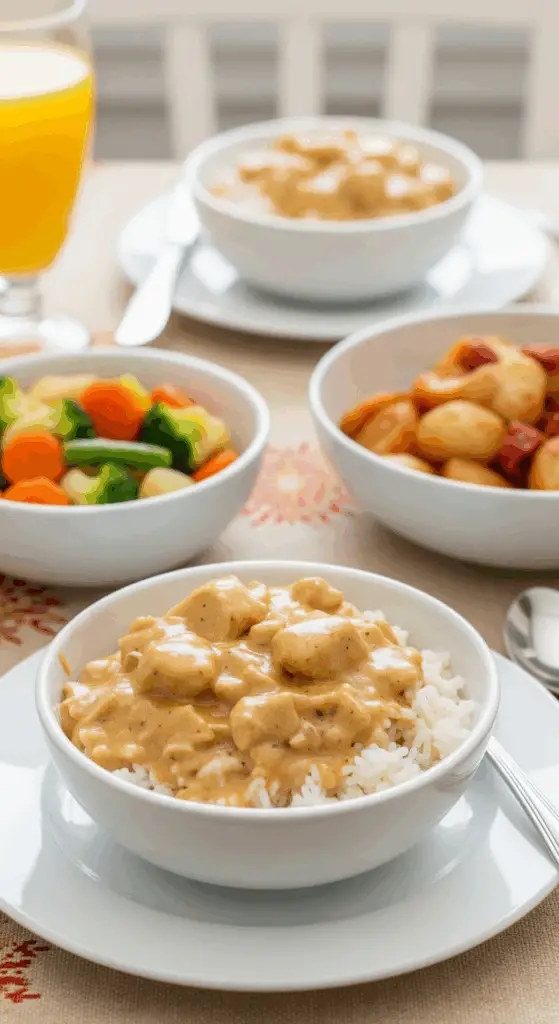 Creamy smothered chicken and rice served with vegetable sides for complete meal