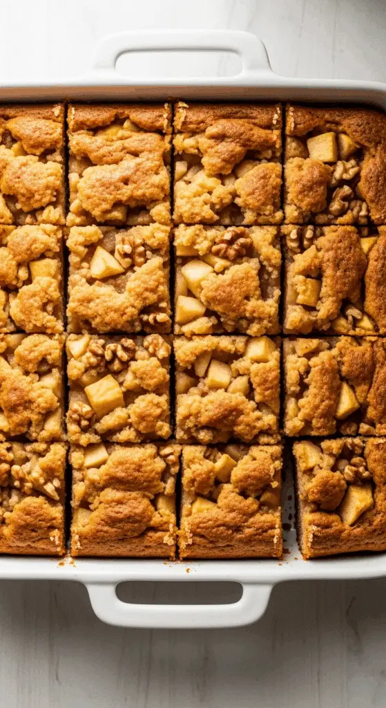 Easy Apple Cake cut into squares showing apple chunks and golden color