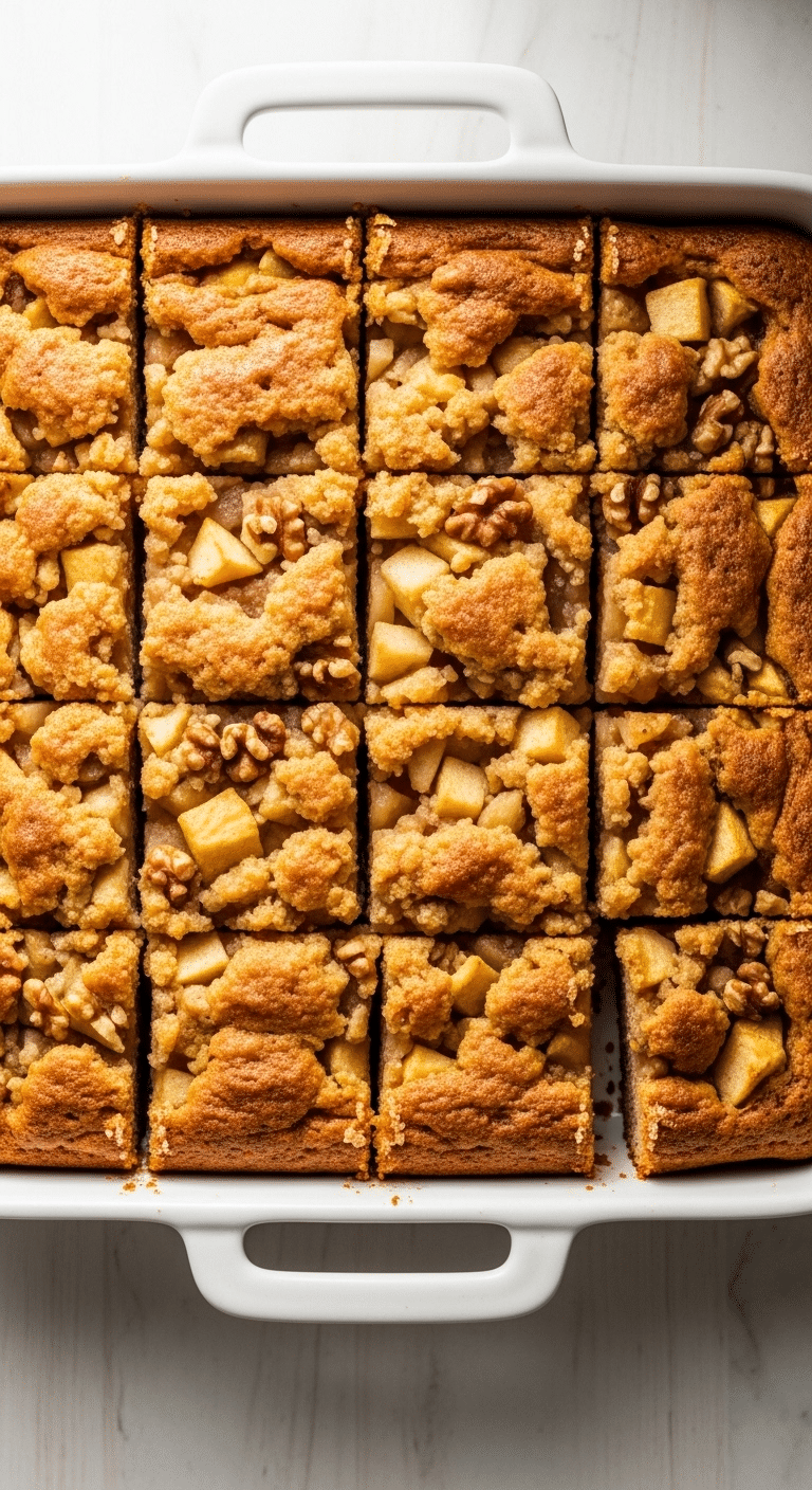 Easy Apple Cake cut into squares showing apple chunks and golden color