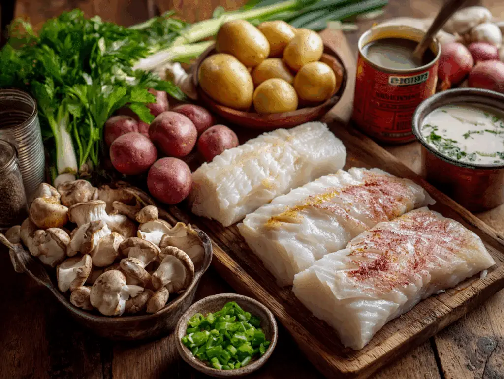Fish chowder ingredients including fresh cod, potatoes, vegetables, and seasonings