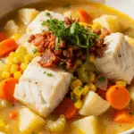 Fish chowder in white bowl with cod, potatoes, vegetables, and bacon garnish