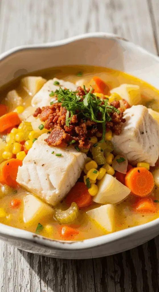 Fish chowder in white bowl with cod, potatoes, vegetables, and bacon garnish
