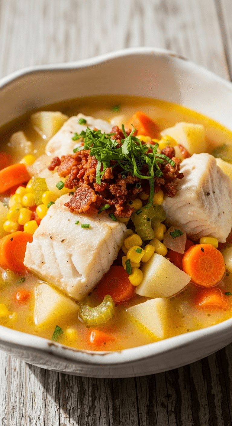 Fish chowder in white bowl with cod, potatoes, vegetables, and bacon garnish