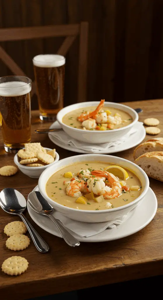 Two servings of fish chowder with oyster crackers and bread on rustic table