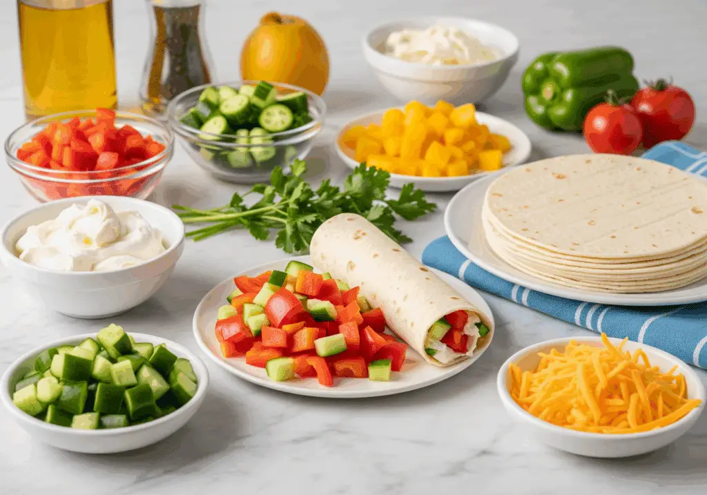 Fresh vegetable tortilla roll ups ingredients including diced vegetables and cream cheese