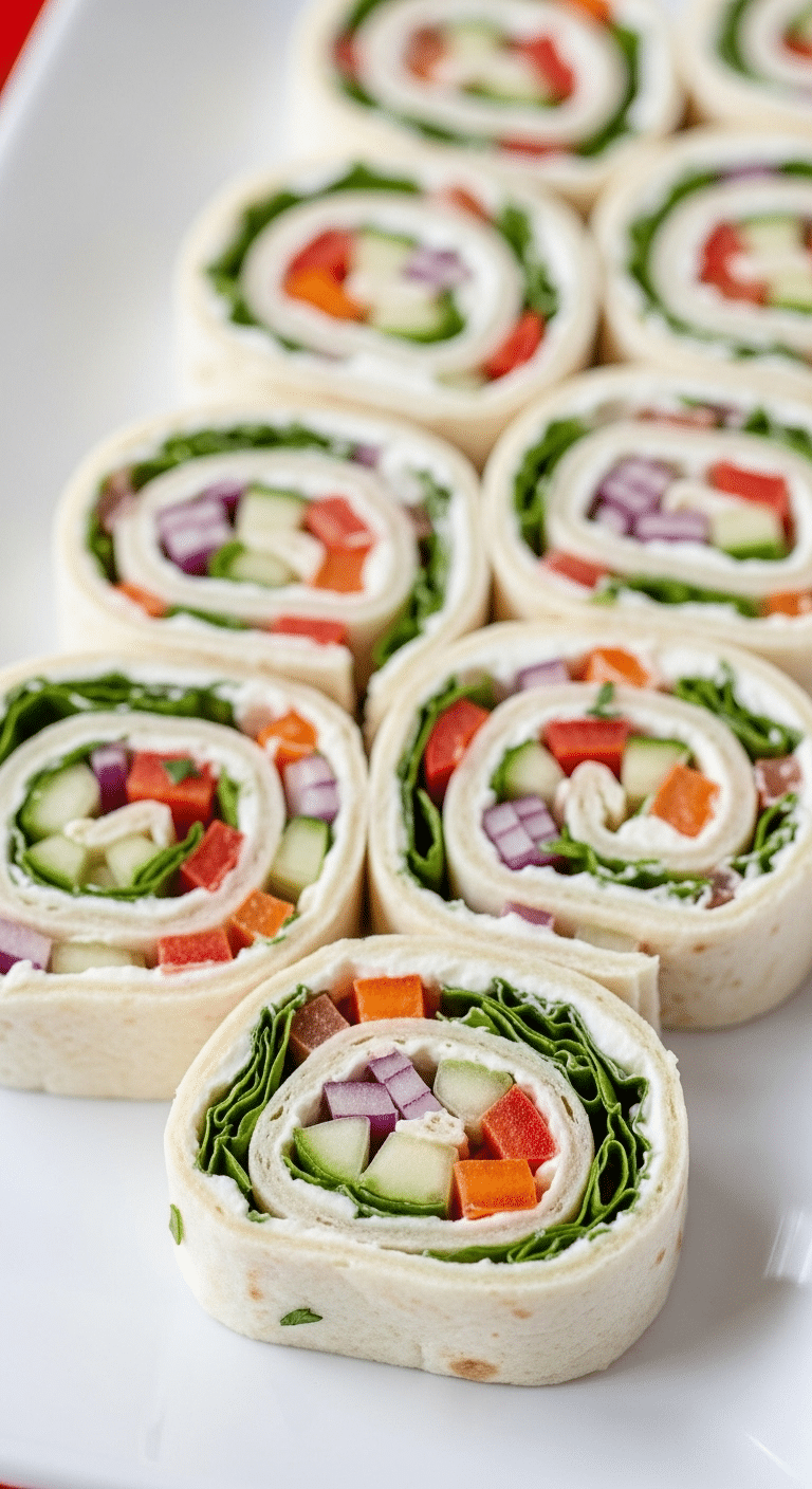 Fresh vegetable tortilla roll ups sliced into colorful pinwheels on serving platter