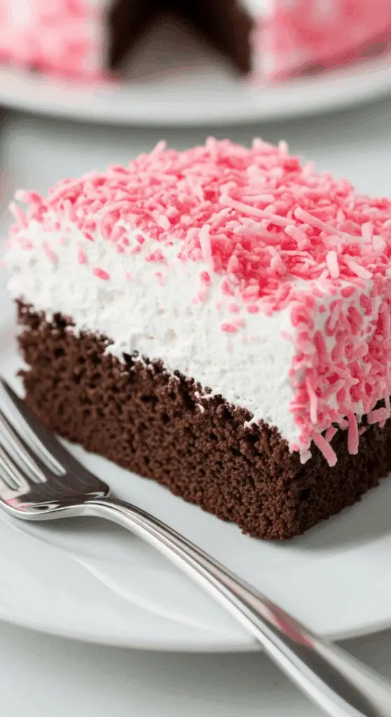 Hostess snowball cake slice showing chocolate cake, marshmallow frosting, and pink coconut coating