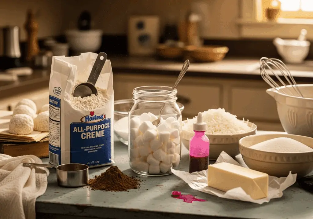Hostess snowball cake ingredients including marshmallow fluff, coconut, and cocoa powder