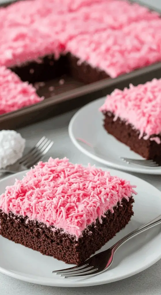 Hostess snowball cake served at party showing pink coconut-topped squares