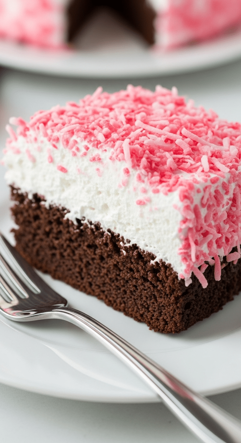 Hostess snowball cake slice showing chocolate cake, marshmallow frosting, and pink coconut coating