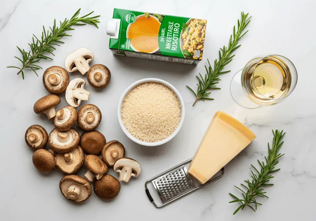 Ingredients for Instant Pot Mushroom Risotto recipe laid out