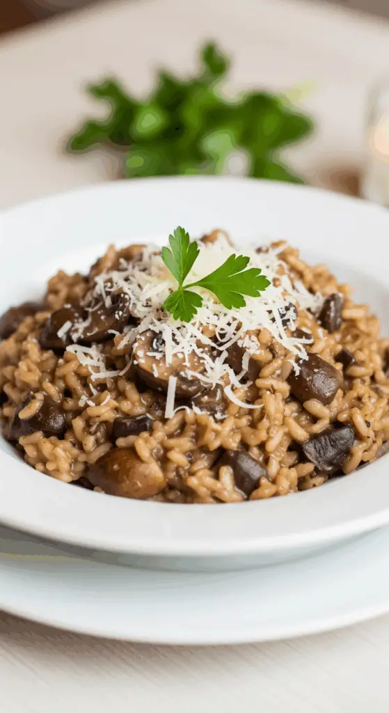 Plated Instant Pot Mushroom Risotto garnished with parsley