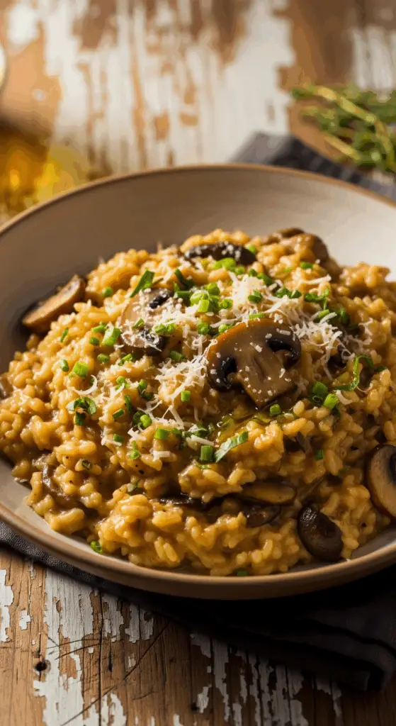 Instant Pot Mushroom Risotto recipe bowl with mushrooms and parmesan