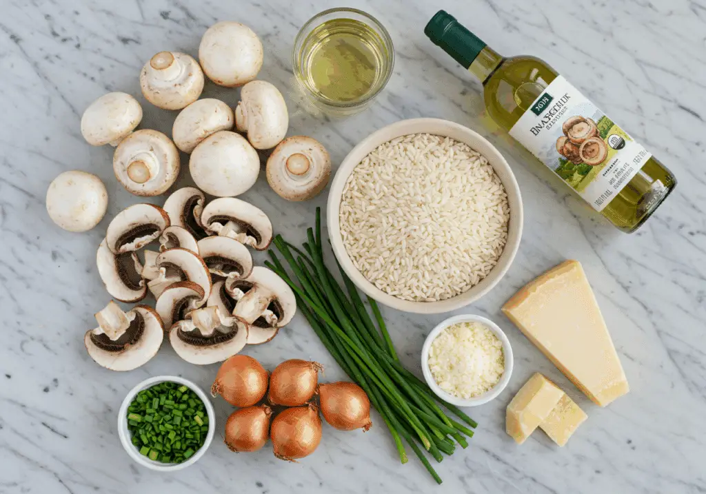 Gourmet mushroom risotto ingredients including Arborio rice and mixed mushrooms