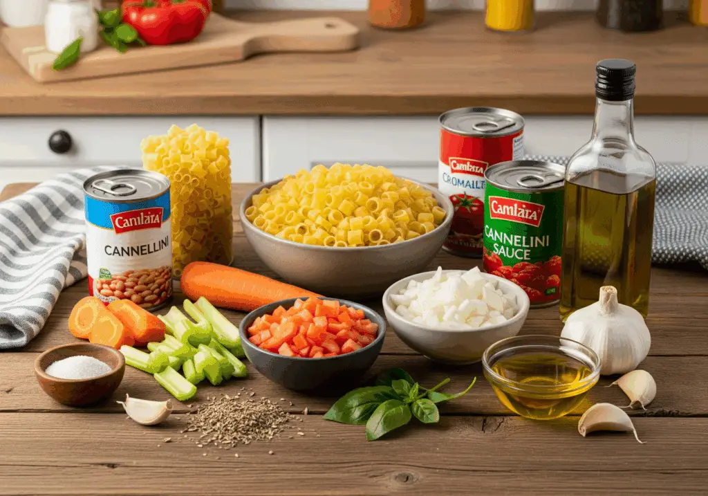 Pasta fagioli ingredients including ditalini pasta, beans, vegetables, and seasonings