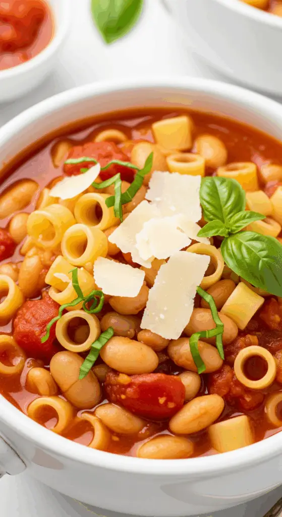Pasta fagioli in white bowl with ditalini pasta, beans, and Parmesan cheese