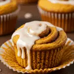 Pumpkin Cinnamon Roll Muffins with cream cheese glaze and cinnamon swirl