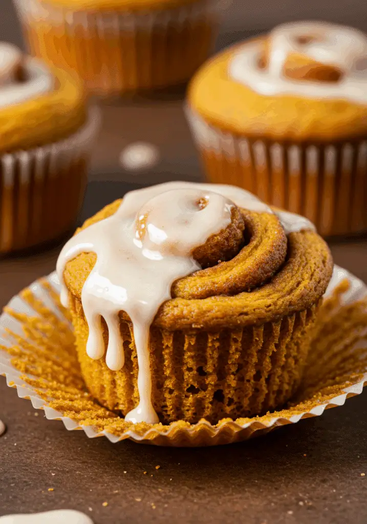 Pumpkin Cinnamon Roll Muffins with cream cheese glaze and cinnamon swirl