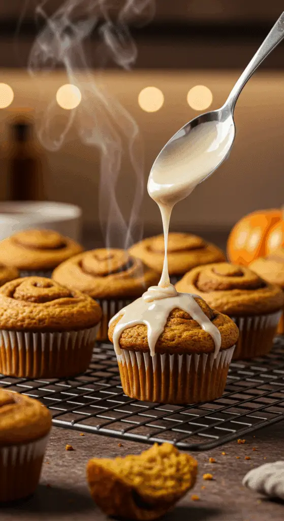 Finished Pumpkin Cinnamon Roll Muffins with cream cheese glaze