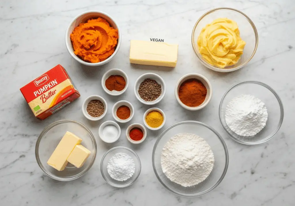 Soft pumpkin cookies ingredients including pumpkin puree, vegan butter, and spices