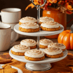 Soft pumpkin cookies with cinnamon frosting on tiered stand with fall decorations