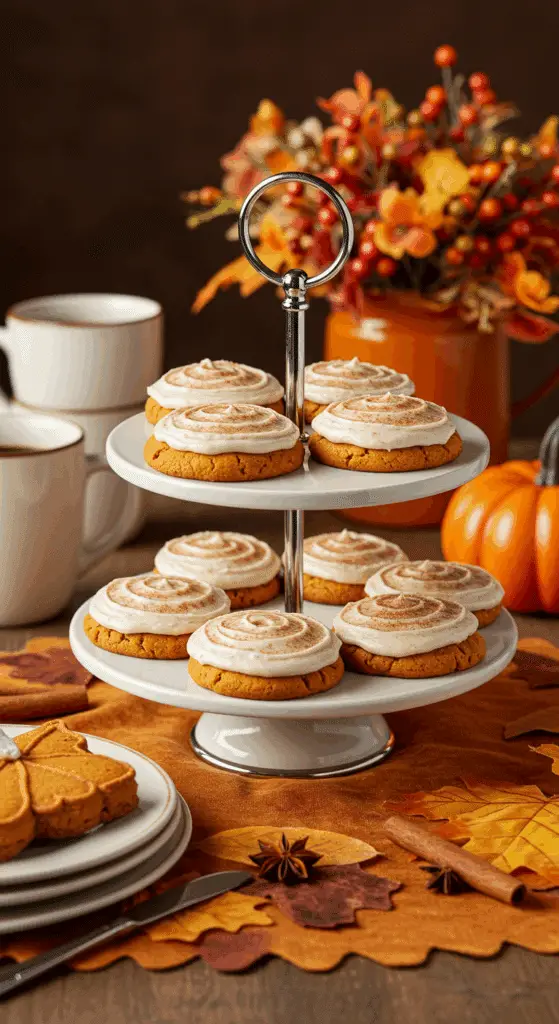 Soft pumpkin cookies with cinnamon frosting on tiered stand with fall decorations