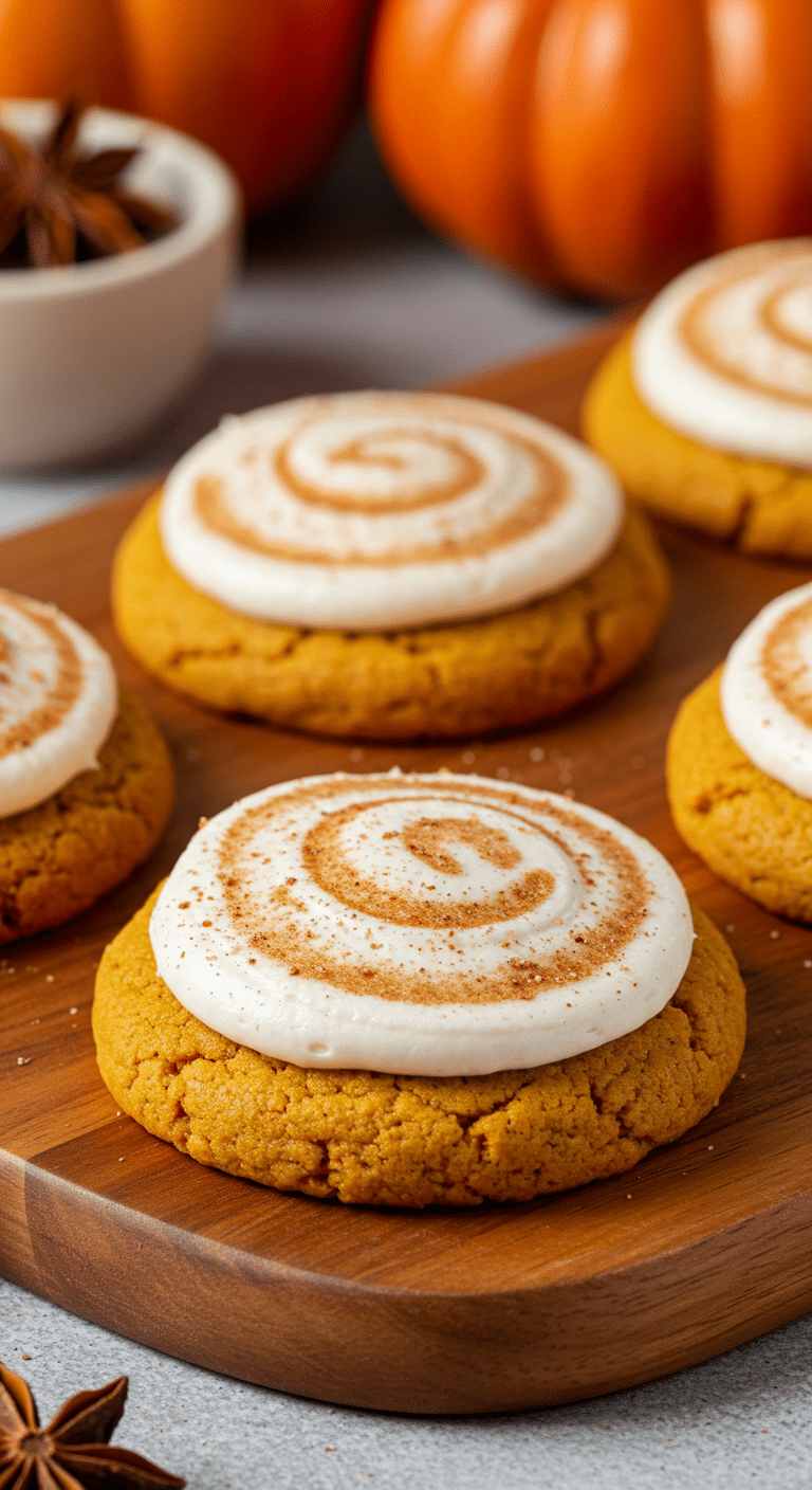 Soft pumpkin cookies with swirled cinnamon frosting on wooden board