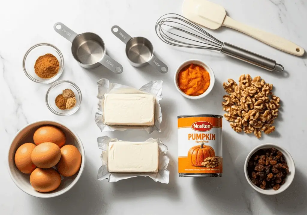 Pumpkin cream cheese bread ingredients arranged for baking recipe