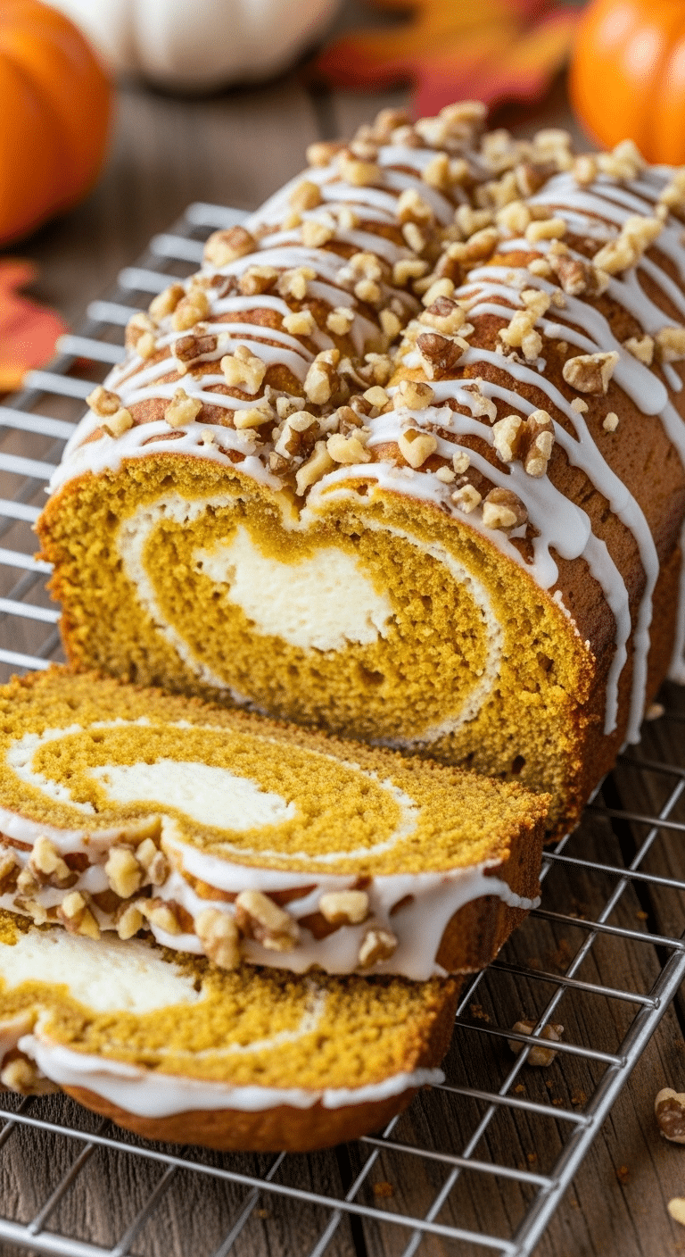 Pumpkin cream cheese bread sliced showing cream cheese swirl pattern