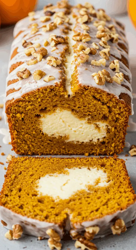 Plated pumpkin cream cheese bread slice with glaze and walnut garnish