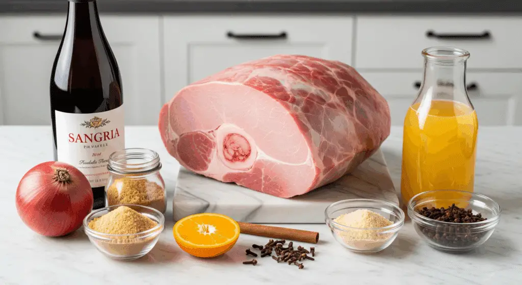 Sangria ham ingredients including ham, sangria wine, brown sugar, and spices