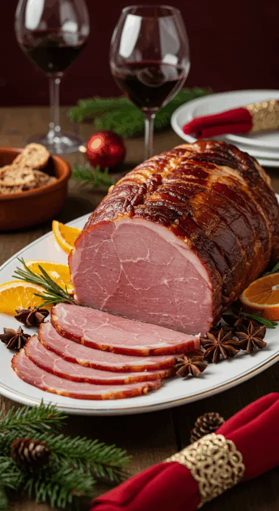 Sliced sangria ham on serving platter with holiday table setting and wine