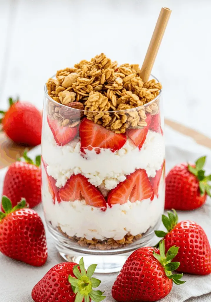 Strawberry cheesecake breakfast parfait with cottage cheese, strawberries, and granola layers
