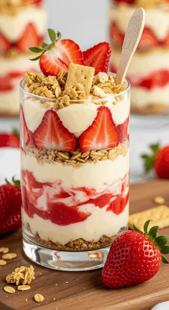 Strawberry cheesecake breakfast parfaits served for healthy morning meal