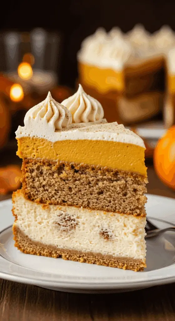 Thanksgiving piecaken slice showing cheesecake, cake, and pumpkin pie layers with frosting