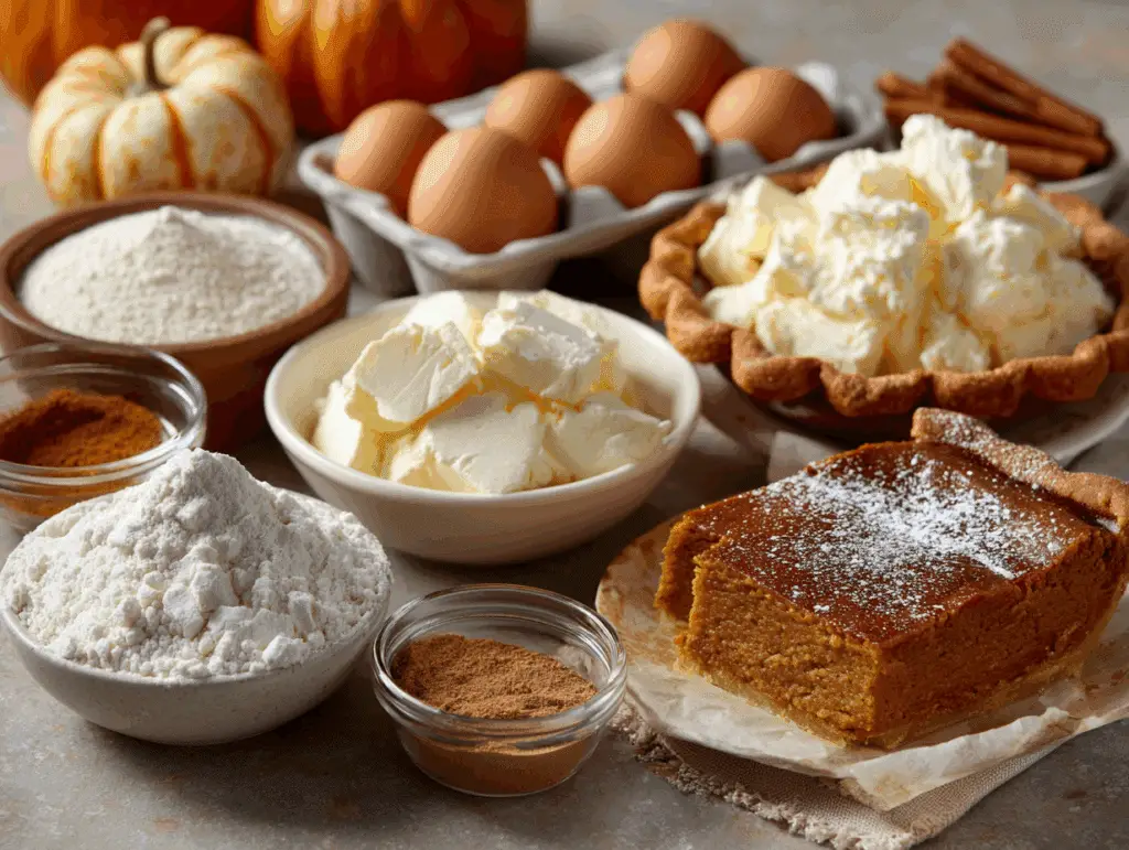 Thanksgiving piecaken ingredients including cream cheese, spices, and pumpkin pie
