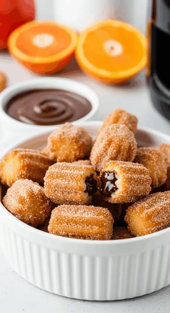 Air fryer churro bites with golden cinnamon sugar coating and chocolate dipping sauce