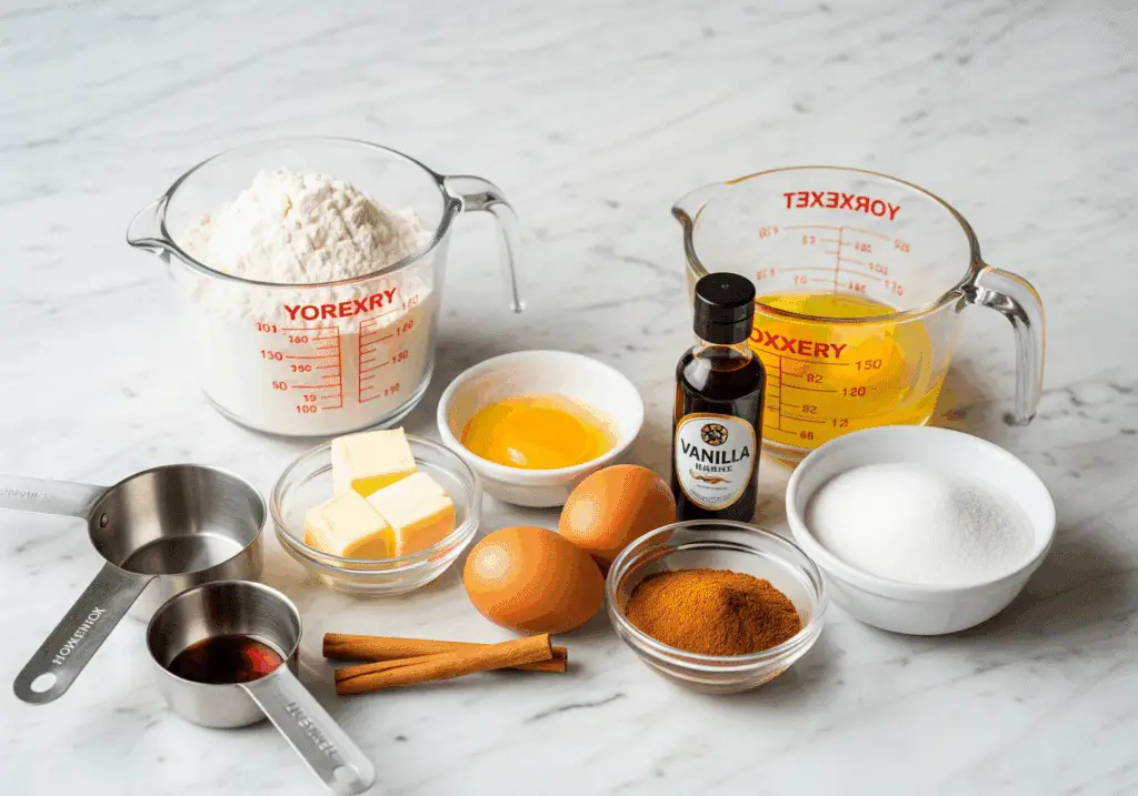 Air fryer churro bites ingredients including flour, butter, eggs, and cinnamon